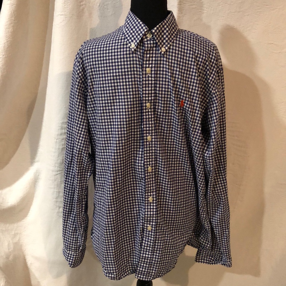 Ralph Lauren blue and white check button down collared shirt, size large